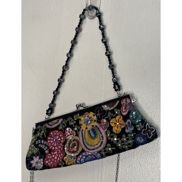 Y2K 90s MULTI COLOR Purse Beads Sequins Embroidered 10x4 Kiss Lock Whimsical - Picture 2 of 6